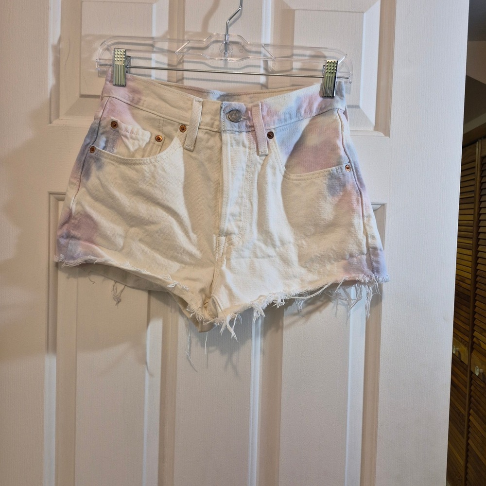 Levis 501 Original High Rise Cut Off Shorts White Pastel Tie Dye Watercolor 25